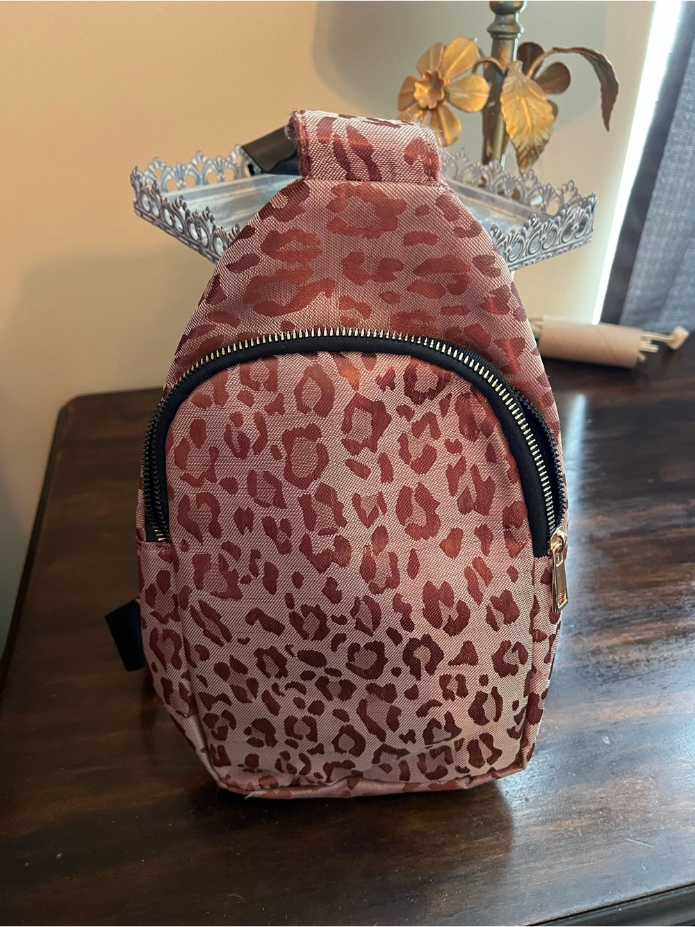 🦋 Leopard Print Sling Backpack in Rose Brown
